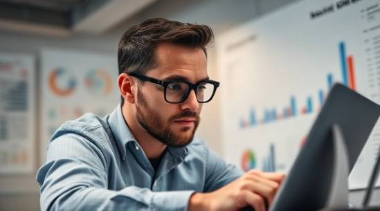 innovative plumbing leads, concentrated expression, analyzing market trends, photorealistic, modern office with charts and graphs, highly detailed, paper rustling and typing sounds, sharp focus and clarity, vibrant colors, soft overhead lighting, shot with an 85mm lens.