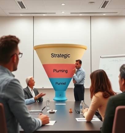 strategic plumbing funnel, thoughtful expression, optimizing conversion rates, photorealistic, spacious conference room with a whiteboard, highly detailed, discussions and presentations, precise and vivid, palette of warm tones, diffused natural light, shot with a 35mm lens.