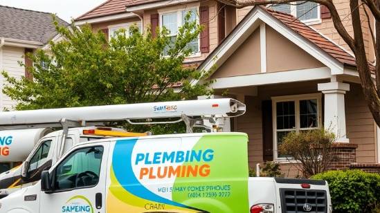 Plumbing truck parked in front of a suburban home for maintenance